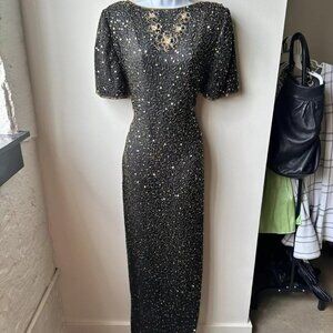 Vintage Scala Black and Gold Sequin Bodycon Midi Dress